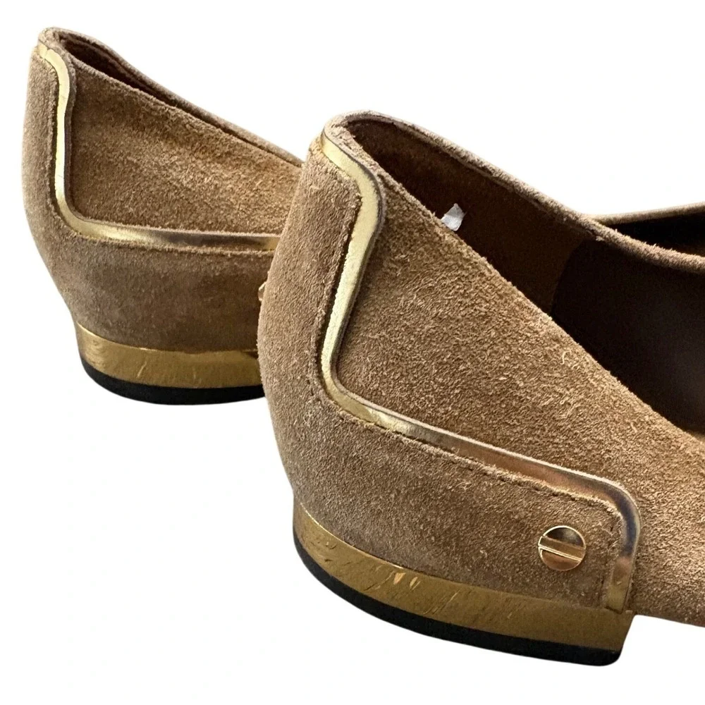 Tory Burch Suede Ballet Flats Brown Gold Logo Buckle Women's 9.5M Leather